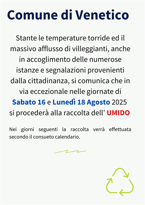 Comunicazione importante raccolta differenziata festività di Ferragosto