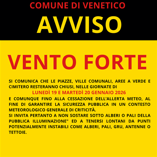 Avviso pubblico urgente - Condizioni meteo avverse - Chiusura piazze, ville comunali, aree a verde e cimitero