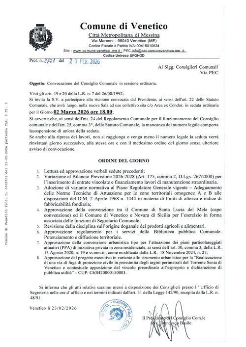 Convocazione Consiglio Comunale 02/03/2026