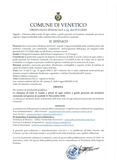 ORDINANZA SINDACALE n. 51 del 07/11/2025